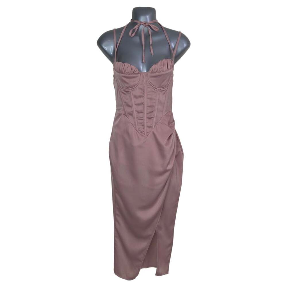 Prettylittlething Corset Midi Dress Size UK 4 Pink Satin